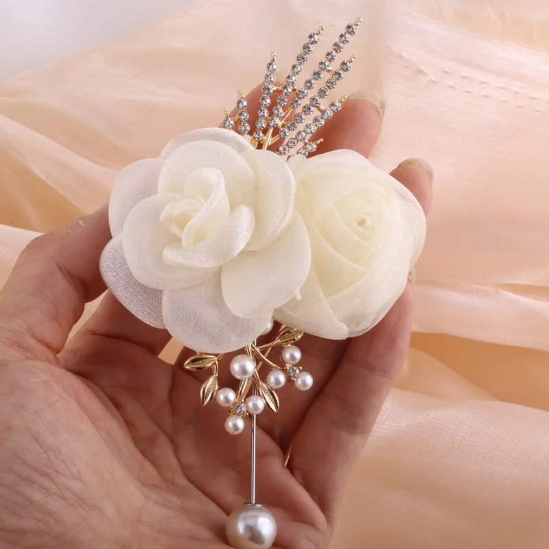 Elegant Ivory Crystal Rose Boutonniere Bridal Wrist Flower Cocktail Prom Corsage Set Wedding Essential for Lapel or Wrist