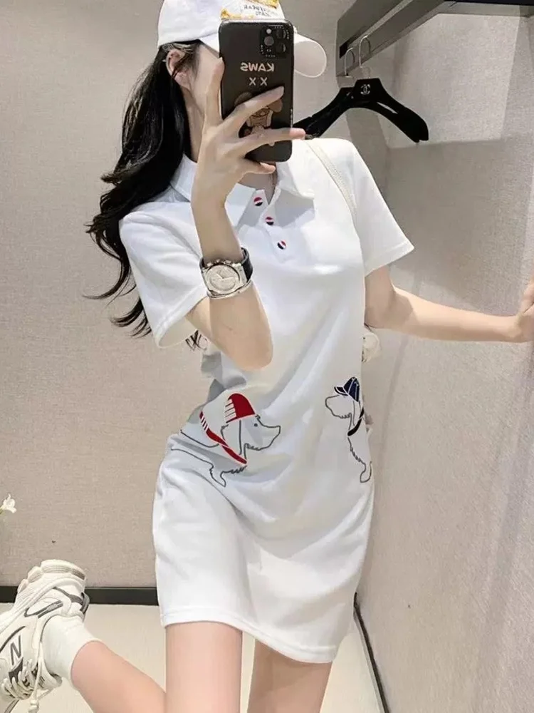 

Fashionable Summer Short Sleeve Embroidered Dog Dress Loose A-Line Skirt Casual High Waist Cotton Dress for Women