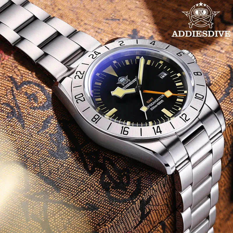 ADDIESDIVE AD2036 GMT Mens Quartz Watch Stainless Steel 20Bar Diving Relogio Masculino Bubble Mirror Glass Luminous Wristwatches