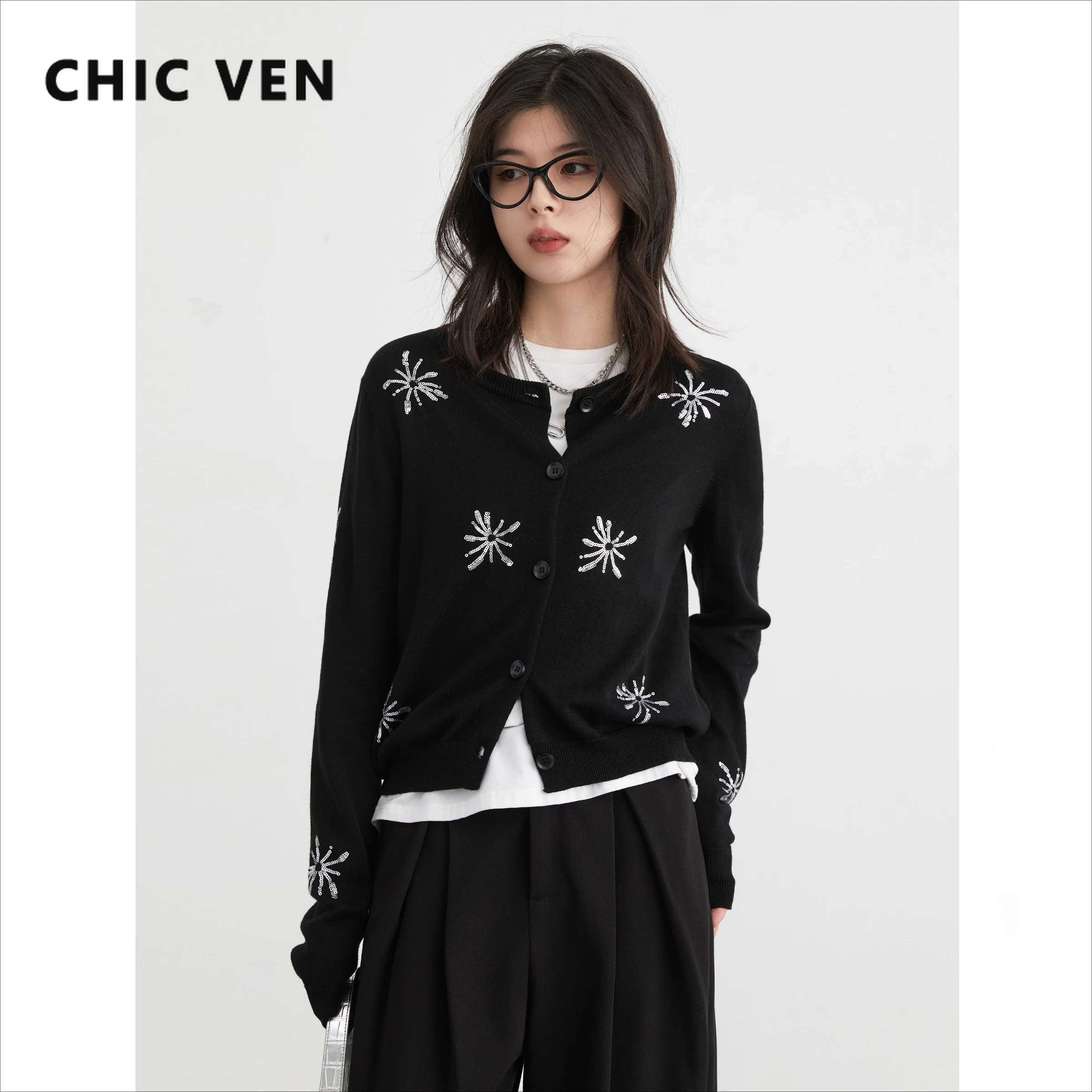 CHIC VEN Women\'s Cardigan Korean Round Neck Contrasting Embroidery Knitted Sweater Female Jumpers Spring Autumn 2024