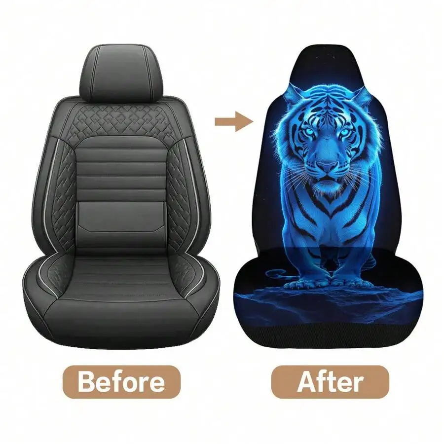 

Glowing Blue Tiger Print Car Seat Cover, Durable All Season Front Seat Cover For Sedan SUV