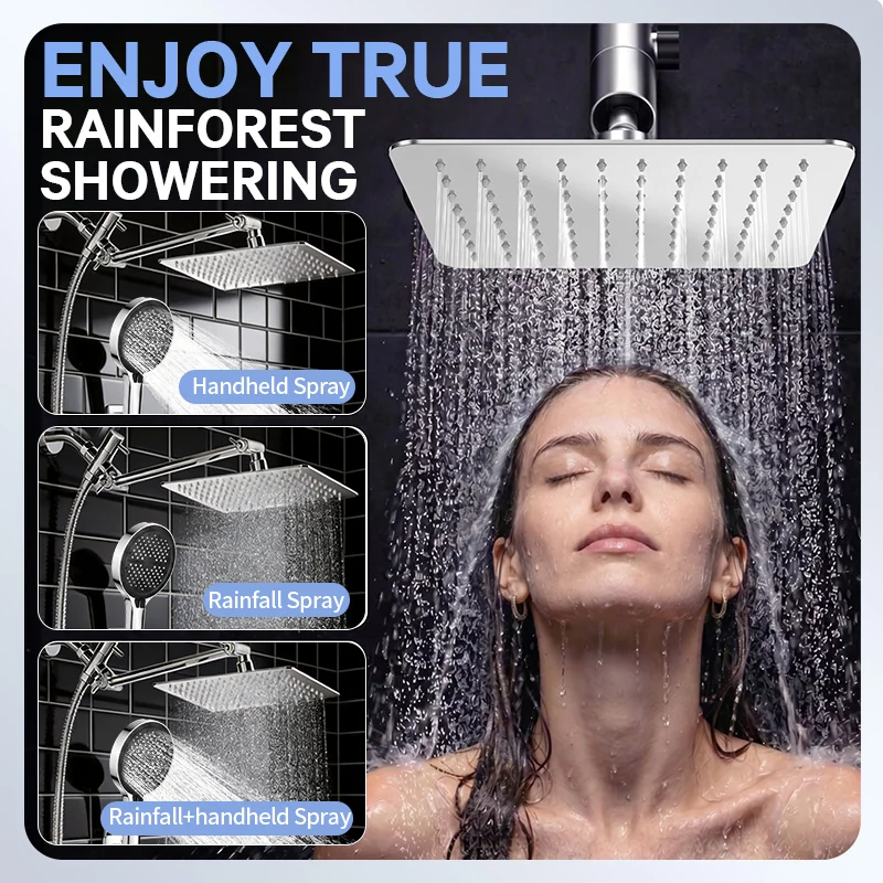 Silver Complete Adjustable Shower Set, 8 Inch Ceiling Shower Head & 5.51 Inch Large Panel Handheld Shower, 8‑Mode Hand Shower With Spray Gun Function, Encrypted Shower Hose, Bathroom Shower System