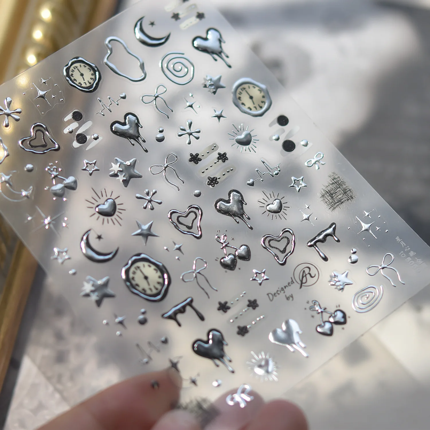 1pcs/3D Metallic Silver Black Gothic Melting Heart Clock Moon Star Nail Stickers Self-Adhesive Nail Art Decals for DIY Manicure