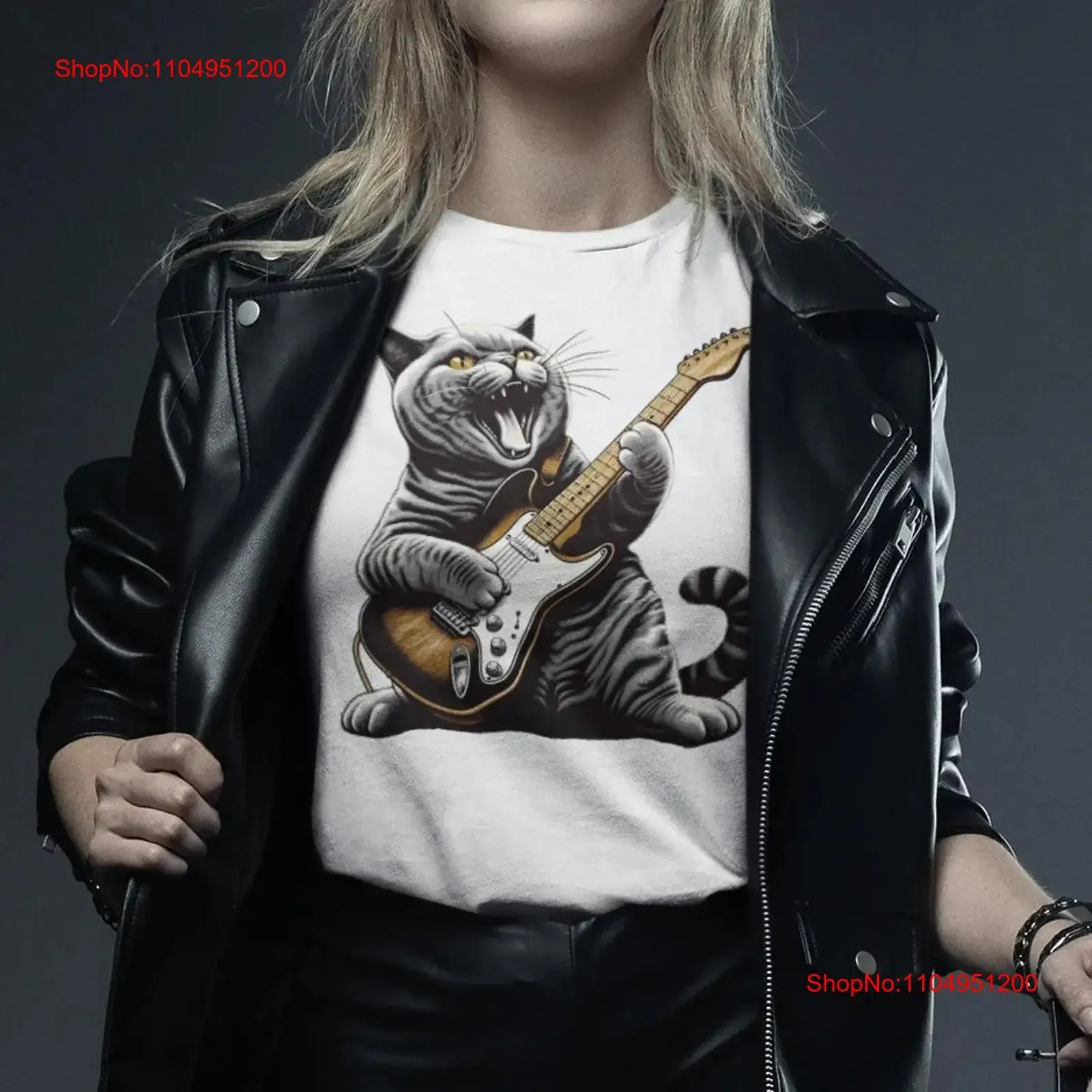

Rock Cat Playing Electric Guitar T Shirt Player Funny Lovers and vintage Washed Casual Top For Everyday Wear Soft fashion