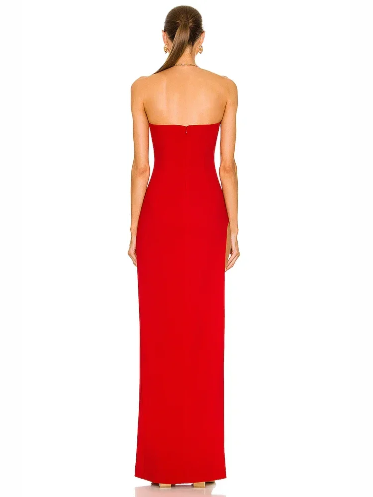 섹시한 빨간 Strapless 높은 분할 긴 붕대 드레스 여성 민소매 Backless Bodycon 드레스 우아한 저녁 파티 가운