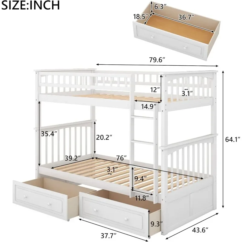 Convertible Wood Twin-Over-Twin Bunk Bed with Storage Drawers and Ladder - Can Be Divided Into Two Daybeds (White)