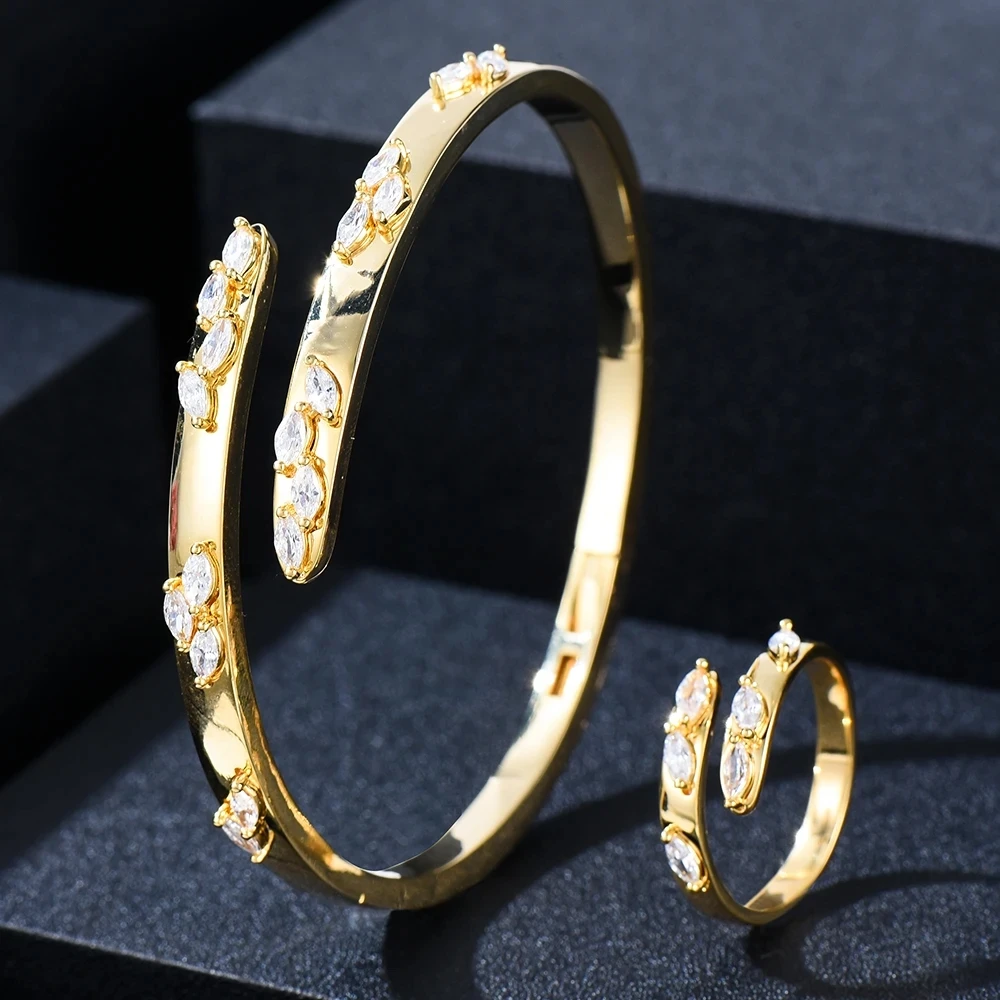 Missvikki Trendy Luxury Gold Color Statement Bangle Cuff Ring Sets For Women Wedding Cubic Zirconia Indian Dubai Daily Jewelry