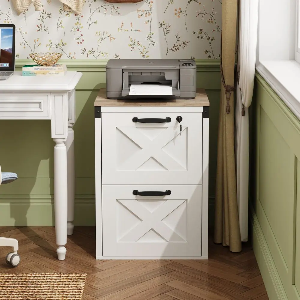 

2 Drawer File Cabinet with Lock, Wood Farmhouse Filing Cabinet for Home Office, Printer Stand Fits Letter and A4 Size, White