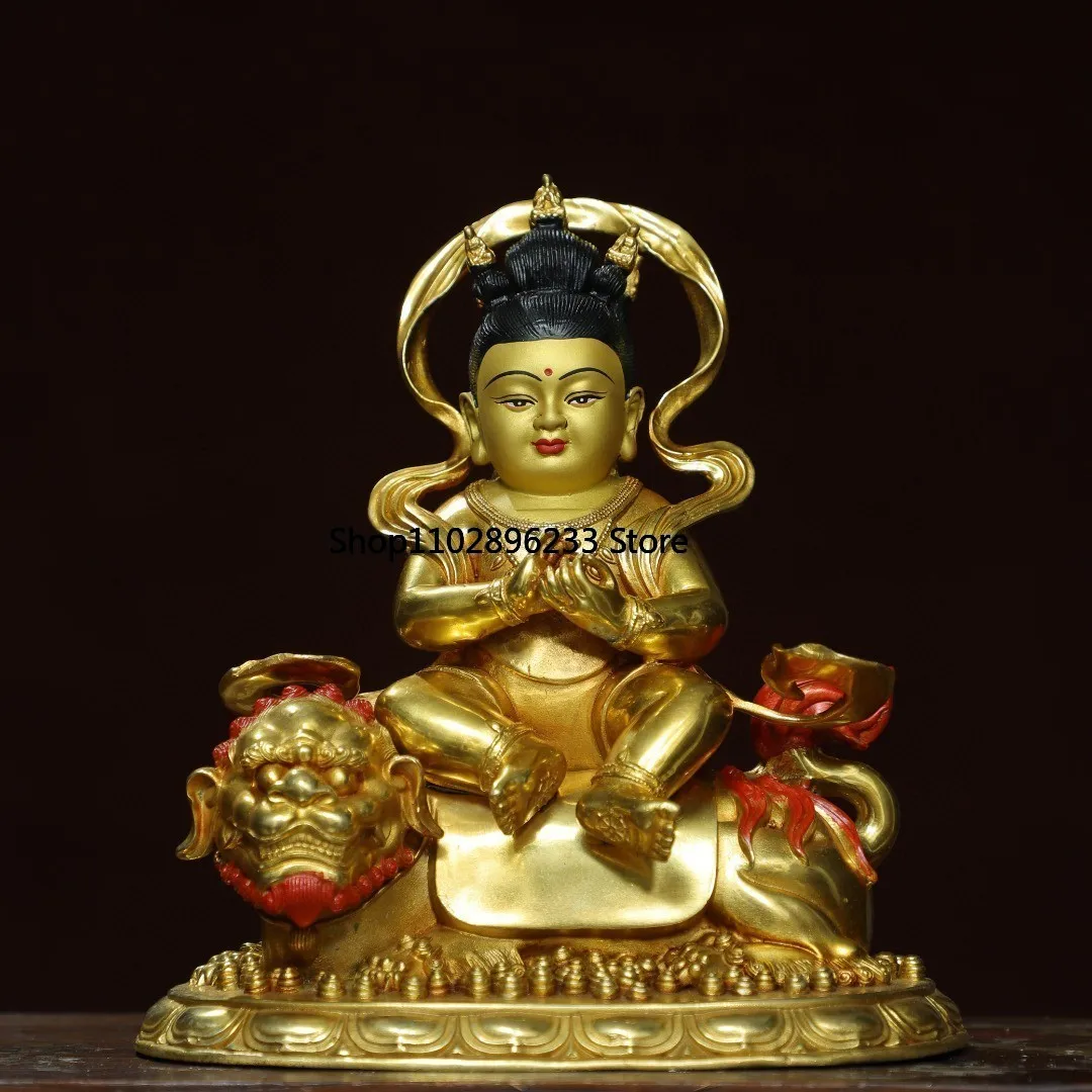 Tibetan copper gilt painted face Q version split Manjushri Bodhisattva riding a lion statue Prince Tara ornament hall supplies 2