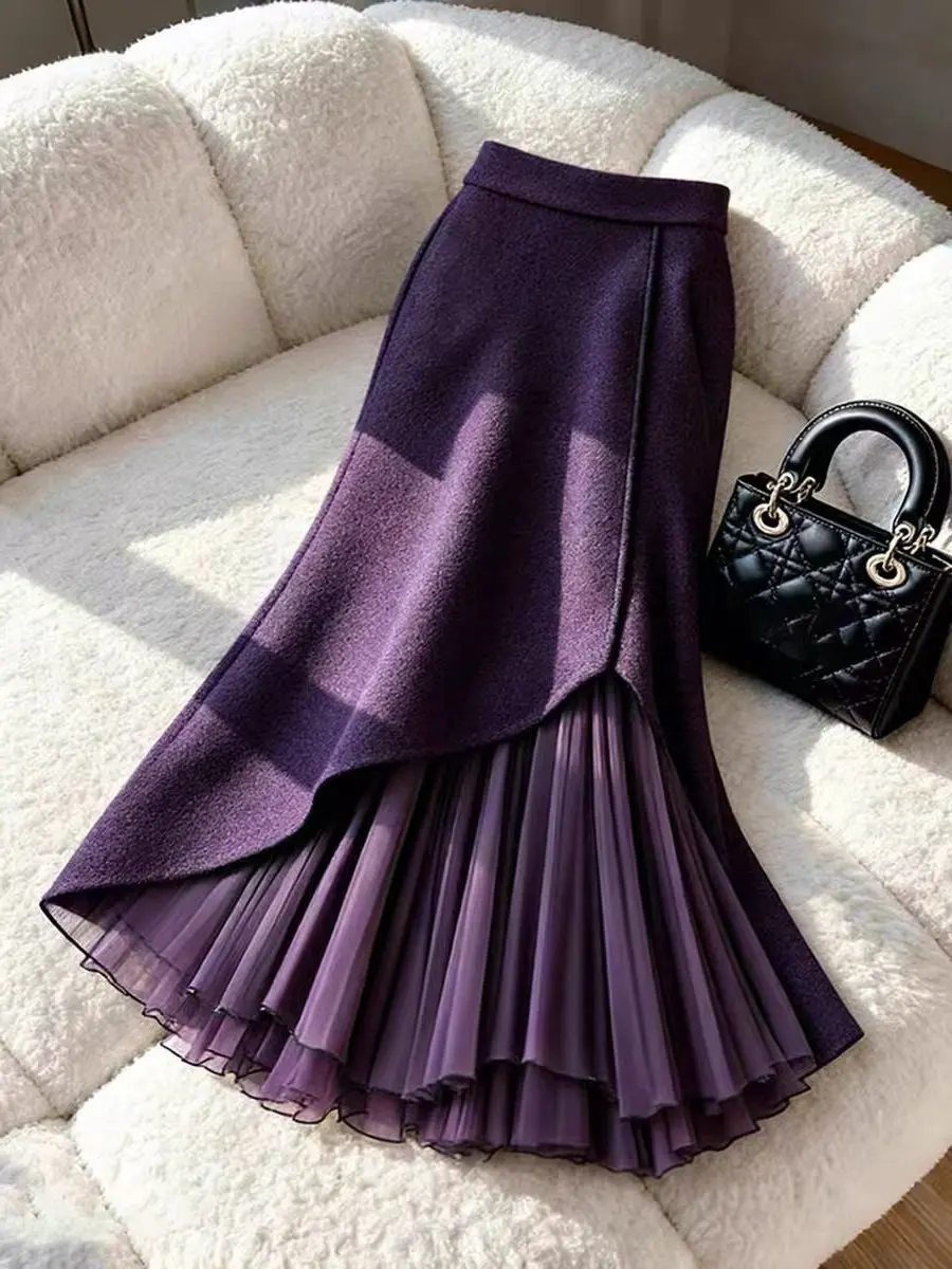 Women Purple Patchwork A-Line Midi Skirt, Winter 2026 High Waist Flared Skirt for Pear Shaped Hips