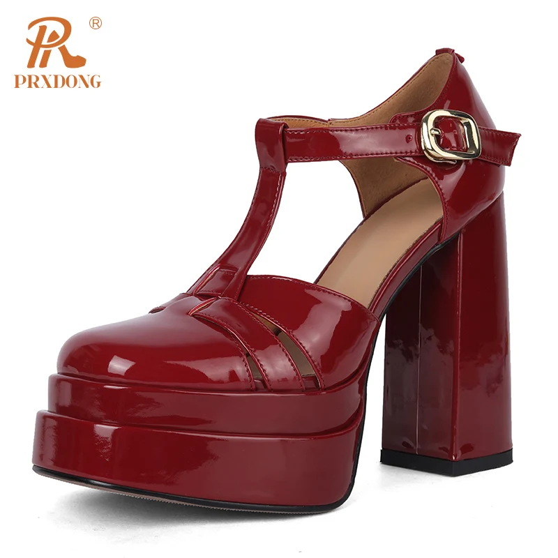 PRXDONG New Brand Genuine Cow Leather Summer Fashion High Heels Platform Shoes Woman Pumps Black Wine Red T-strap Dress Party 39