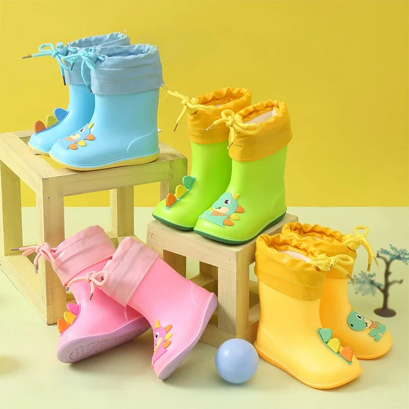 Children Rain Boots Rubber Boots Kids Water Shoes PVC Baby Cartoon Waterproof Non-slip Warm Winter