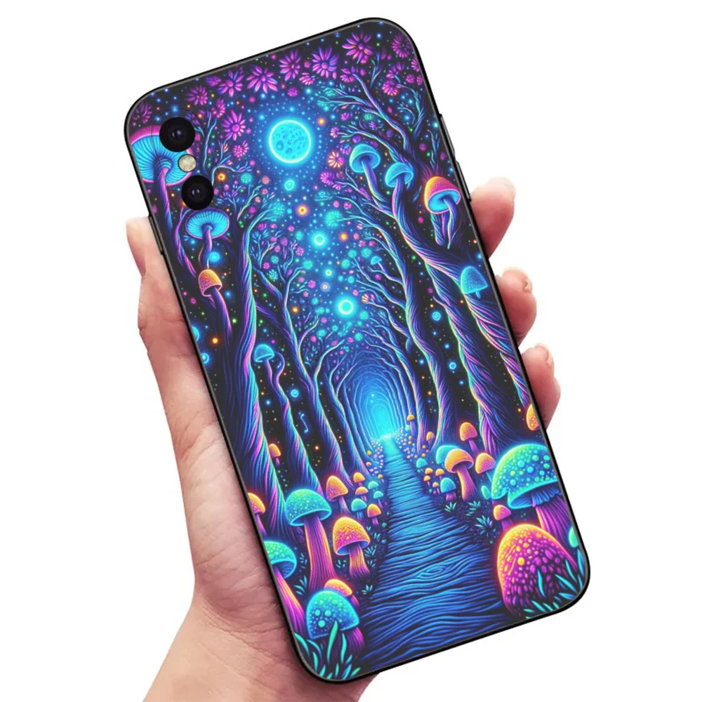 Trippy Psychedelic Mushrooms Phone Case For Samsung S24,23,22,30,21,10,9,Ultra,Plus,Lite,FE,5G Black Soft Case