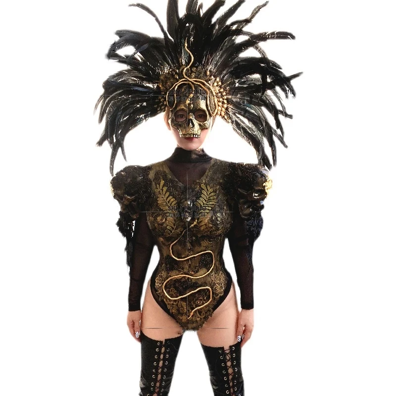 Party Show Bar Dj Pole Dance Cloth Halloween Gogo Costume Nightclub Skull Feather Headdress Sexy bodysuit set