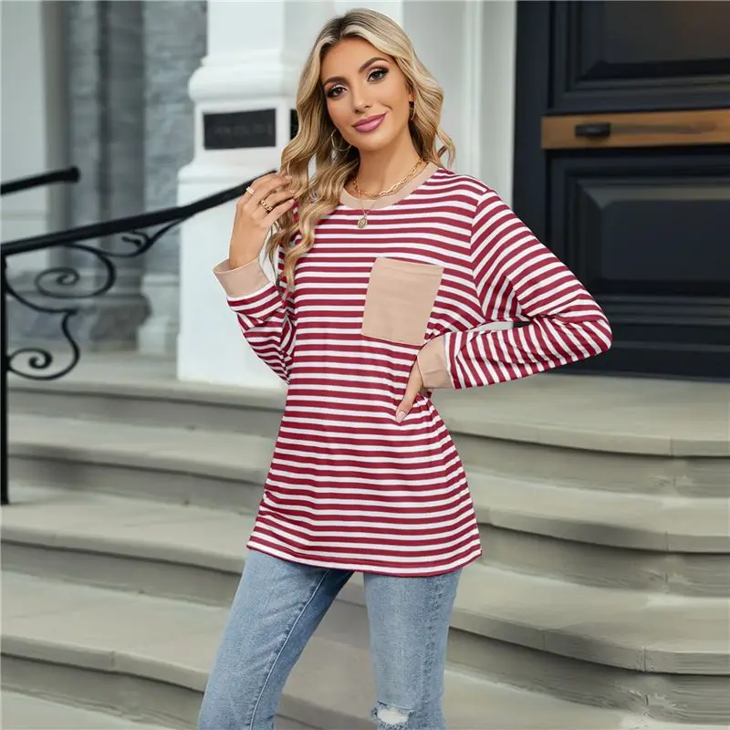 CYL-Camicie a maniche lunghe da donna girocollo a righe vestibilità ampia T-shirt color block autunnale 2025 con tasca