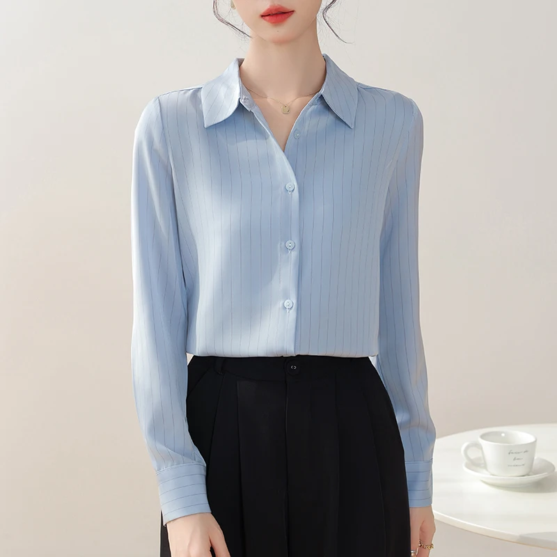 Klassieke Vintage Chique Gestreepte Kantoordame Met Lange Mouwen En Knopen Shirts Losse Elegante Basic Tops Blouses Voor Dameskleding