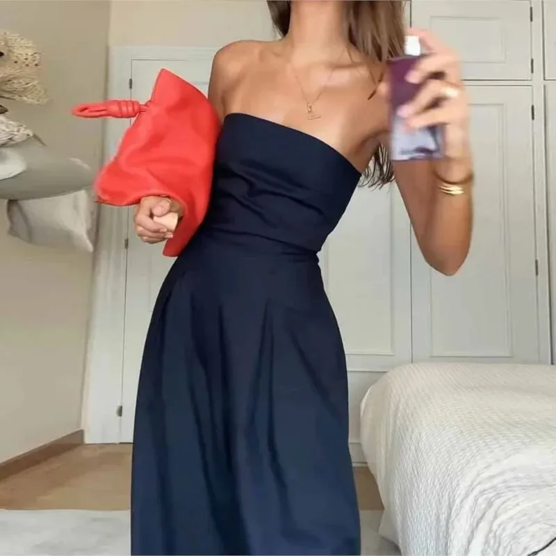 Women's Tube Top Sleeveless Jumpsuit Summer Sexy Casual Navy Blue Strapless Wide-Leg Pants Loose Romper High Streetwear Jumpsuit