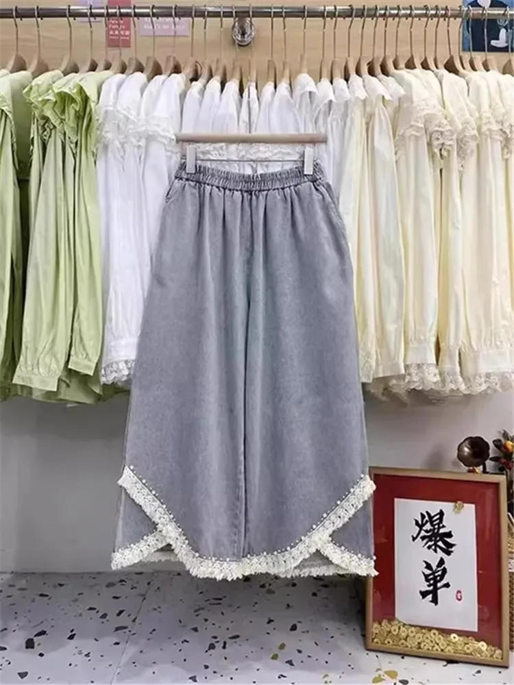 

Мужские свободные джинсы прямого кроя больших размеров с бахромой и кружевной отделкой по низу, с высокой талией, длинные брюки, летние повседневные, модные, молодежный тренд