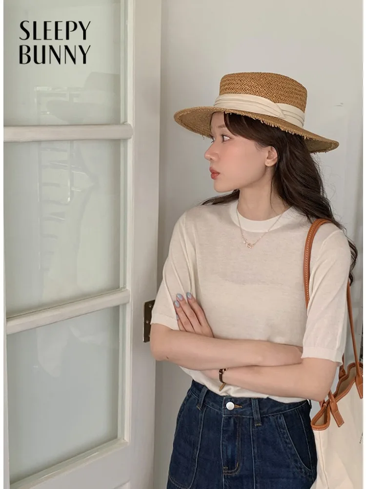 

Women Lady Wool Knit Tee Soft Lightweight Short-Sleeve T-Shirt Relaxed Round-Neck Top Chic Cozy Summer Casual Daily Fashion Wear