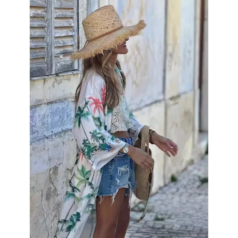 Women's 2025 Summer Sun Cover Up Printed Kimono Cardigan Three-Quarter Sleeve UV Protection Beach Tunic Resort Vacation Swimwear