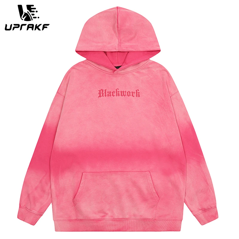 

UPRAKF Gradient Hooded Sweatshirt Harajuku Letter Printed Oversize Hoodie Pullover Loose Fashion Autumn Casual Tops Black Pink