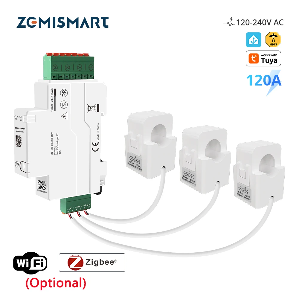 Zemismart-Compteur d'énergie intelligent Zigbee WiFi, moniteur d'alimentation sur rail DIN triphasé, CT à cœur divisé, assistant domestique, 2mqtt, 120A