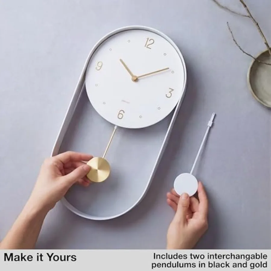 Modern Pendulum Wall Clock for living room white and gold metal sleek vertical small design with silent quartz movement