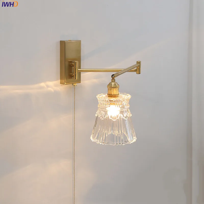 IWHD Pull Chain Glass LED Wall Light Sconce Arm Left Right Rotate Bedroom Living Room Lights Nordic Modern Beside Lamp Wandlamp