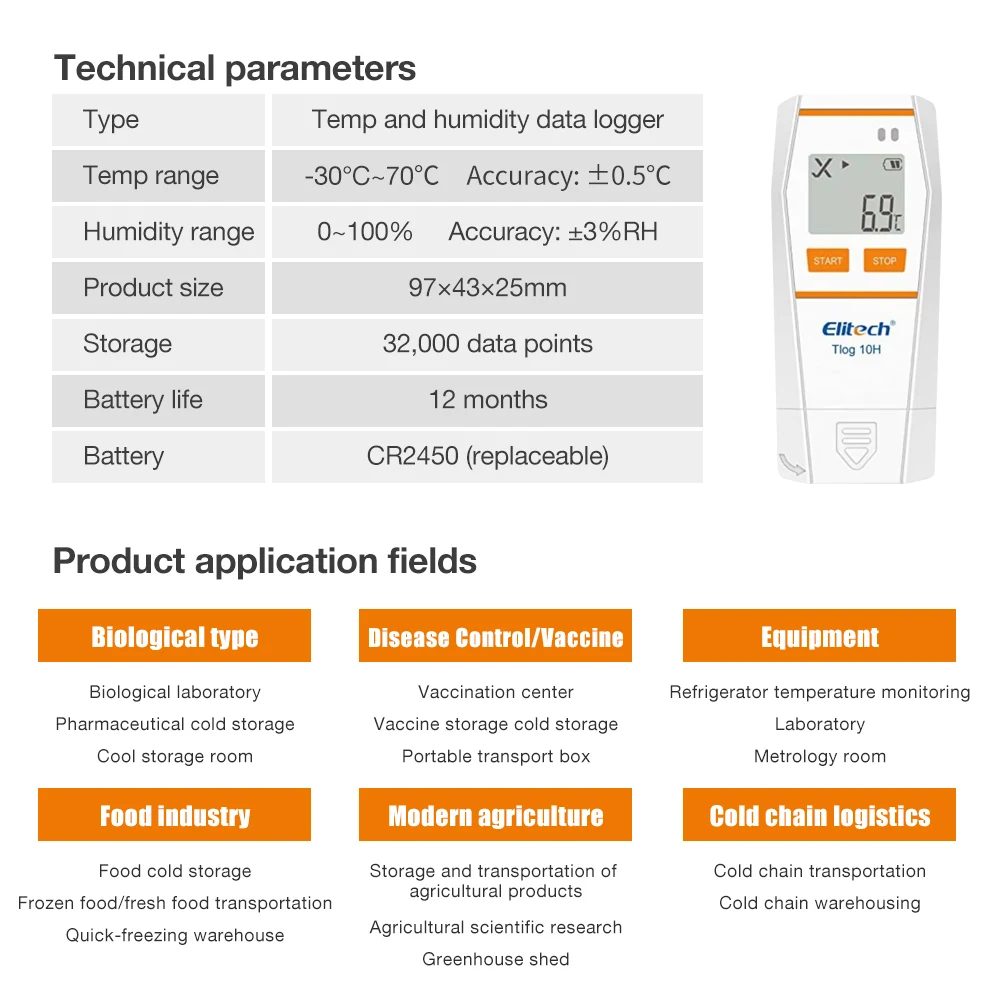 Tlog 10/10H Digital Temperature Data Logger Reusable Temperature Humidity Recorder PDF Report USB Port 32000 Points LCD Display