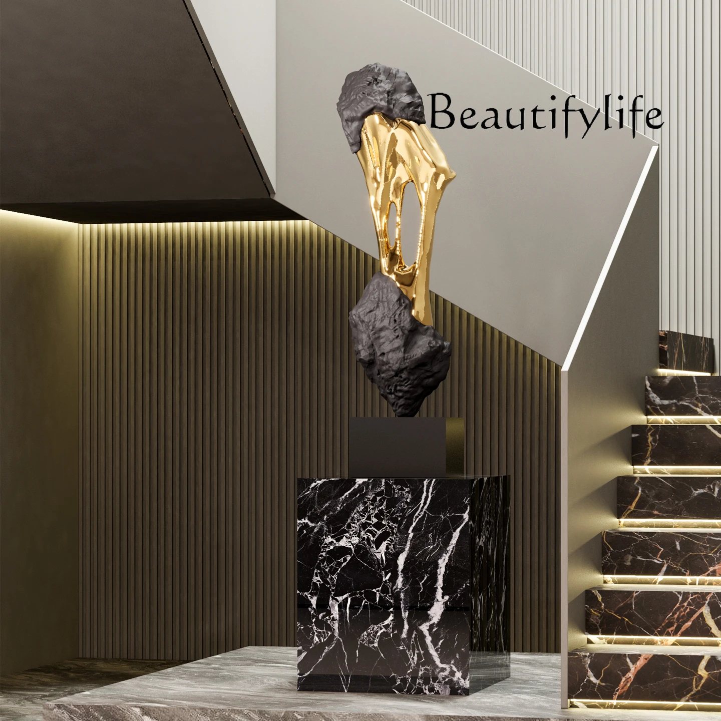 

Light luxury stone to run floor-to-ceiling ornaments, high-end model room next to the TV cabinet on the sofa side of the living