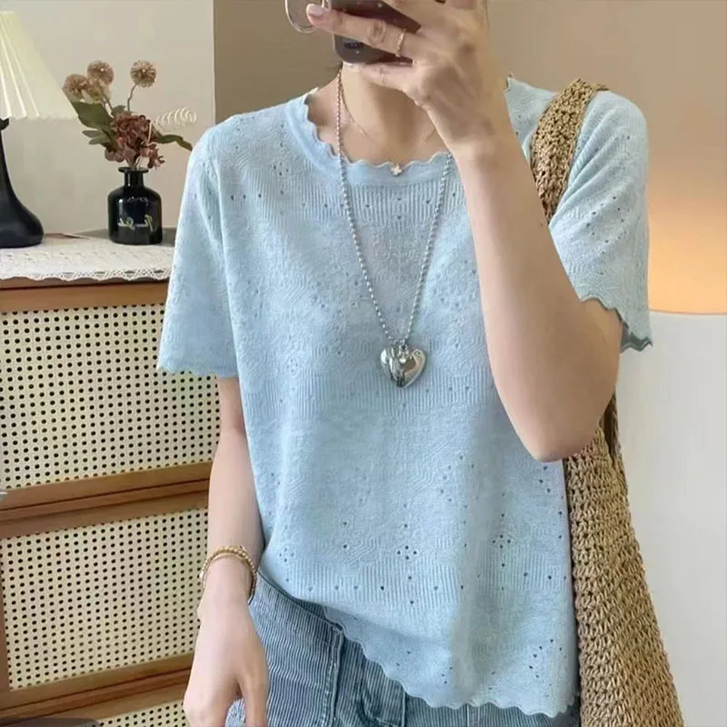 

Women's Clothing French Style Advanced Chic T-shirts Summer Loose Hollow Out Short Sleeve Knit Tee Office Lady O-neck Casual Top