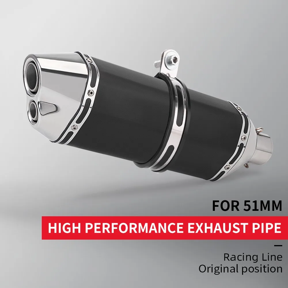 

51MM Universal Motorcycle Muffler Exhaust 35-51mm for MT-07 Z900 NINJA400 R1 R3 CBR500 Double hole muffler 470mm