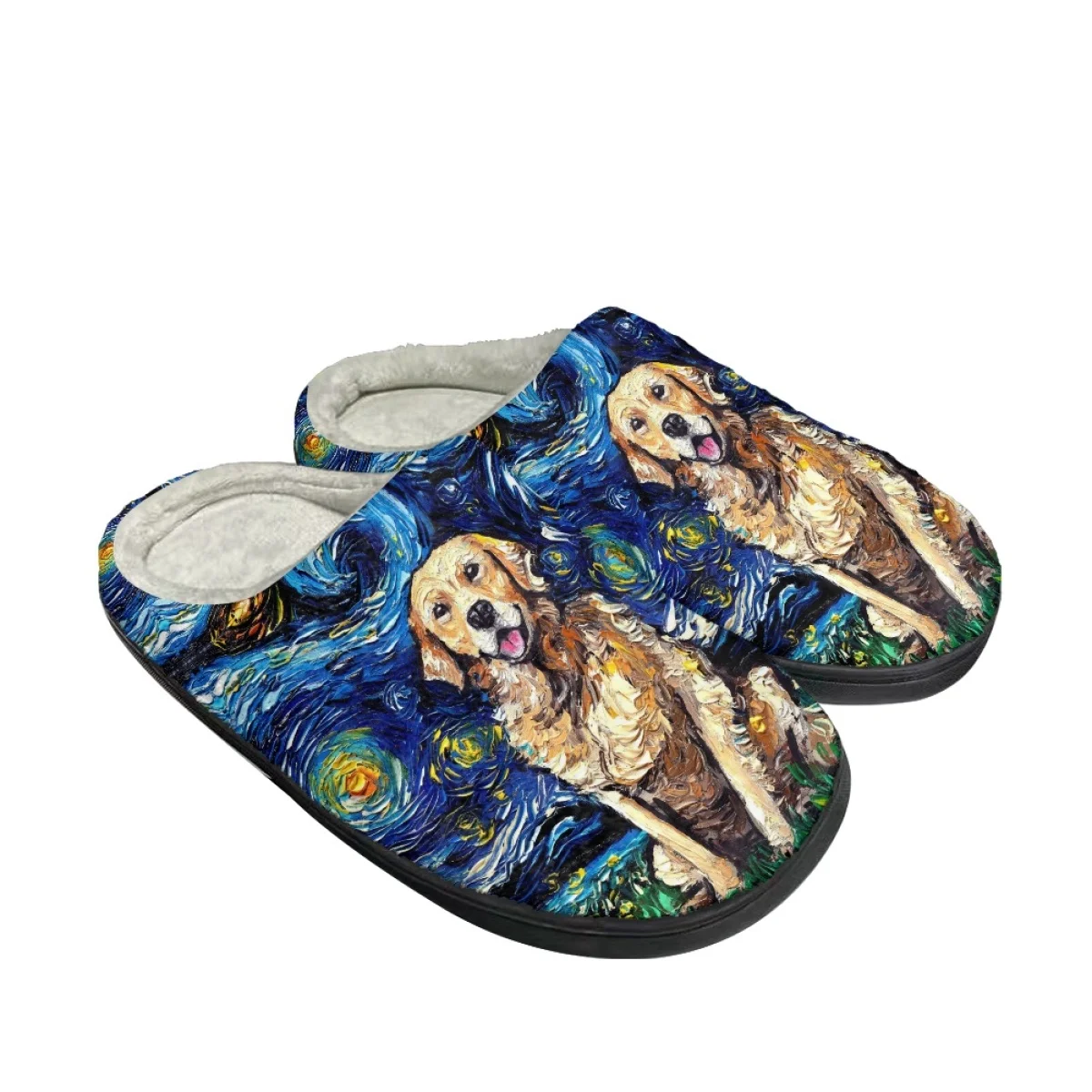 Kawaii Oil Painting Golden Retriever Print Spring Autumn Round Toe Cotton Slipper Brand Design Comfortable Soft Casual Slippers