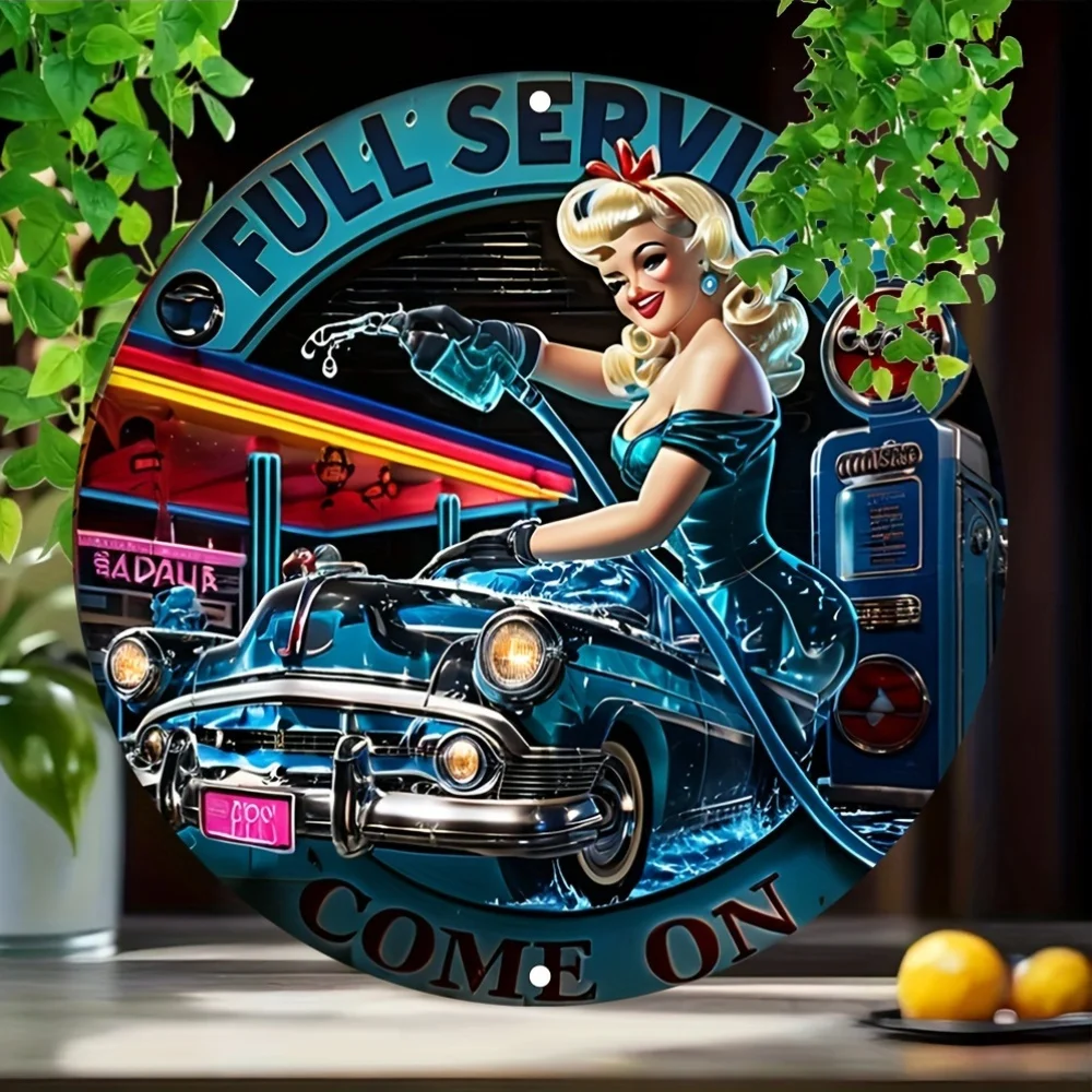 1 Stück Vintage Full Service Autowaschanlage Metallblechschild, 2D Aluminium Wandbehang Dekor, Retro-Stil Mehrzweck-Kunst für drinnen und draußen