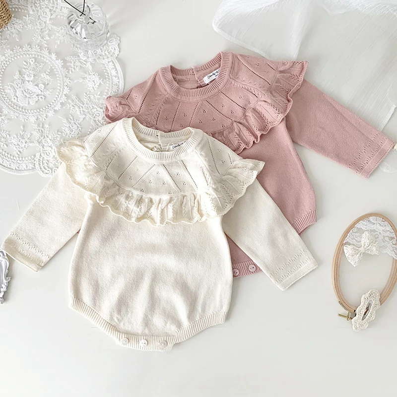 

Autumn New Born Baby Knitted Romper Baby Girls Romper Ruffle Long Sleeve Newborn Baby Clothes Infant Baby Jumpsuits Girl Overall