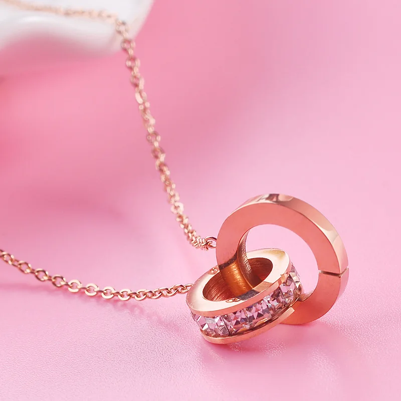 Luxury Elegant Crystal Circle Choker Fashion Roman Digital Stainless Steel Gold Silver Color Pendant Necklaces for Women Jewelry