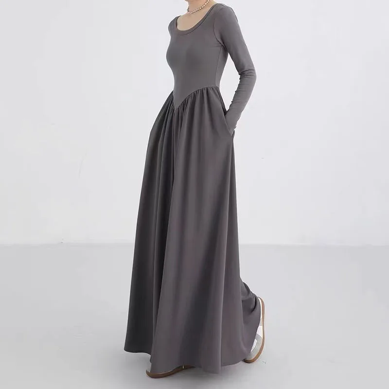 الكورية الخصر النحيف فساتين طويلة للنساء النمط الفرنسي المرقعة فستان بكم طويل امرأة أنيقة بسيطة س الرقبة ألف خط فستان ميدي #3
