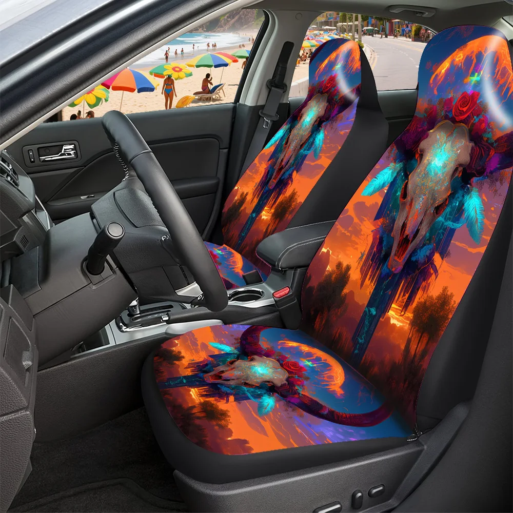2-5 Seat Set Car Seat Covers Festive Bull Head Dreamy Premium Polyester Universal Fit Durable Waterproof For Truck SUV Off-Road