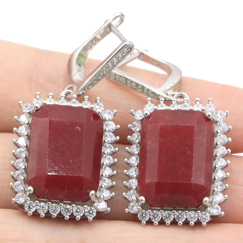 40x19mm Jazaz 14.4g 18x13mm Real Red Ruby White CZ Females Wedding 925 Solid Sterling Silver Pendant Earrings