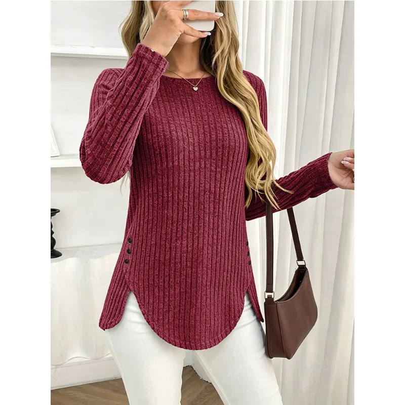 Women Solid Ribbed Knit Long Sleeve T Shirts Crew Neck Side Button Curved Hem Casual Tops S-4XL