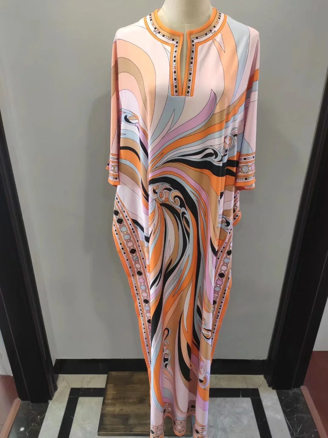 

Large Code Greek Style High-end Fashion Print Silk Jersey Dress Ladies' New Print Long Skirt Loose Robe