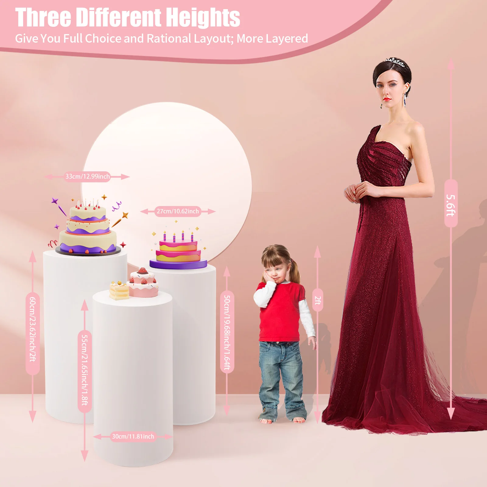 3Pcs White Cylindrical Dessert Display Stand Set, Wedding Cake Stands for Party Banquet Table Decor, 3 Different Heights 50/55/60cm Heavy Duty Iron Cupcake Tower for Candy Fruit Flower Gift