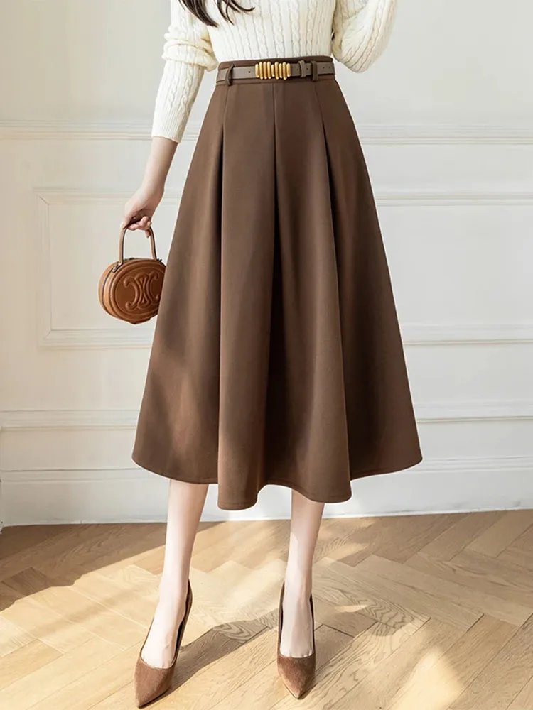 

2025 Autumn Winter Woolen Skirt Women With Belt Korean Fashion High Waist A Line Casual Pleated Skirt Brown Black Skirt Womens