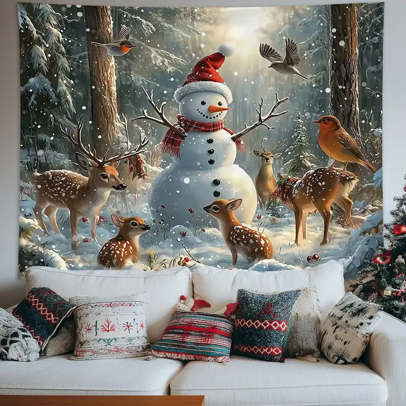 VIKAMA Snowman Reindeer Forest Tapestry Wall Hanging, 6 Designs, Wall Decor for Bedroom Living Room Dorm