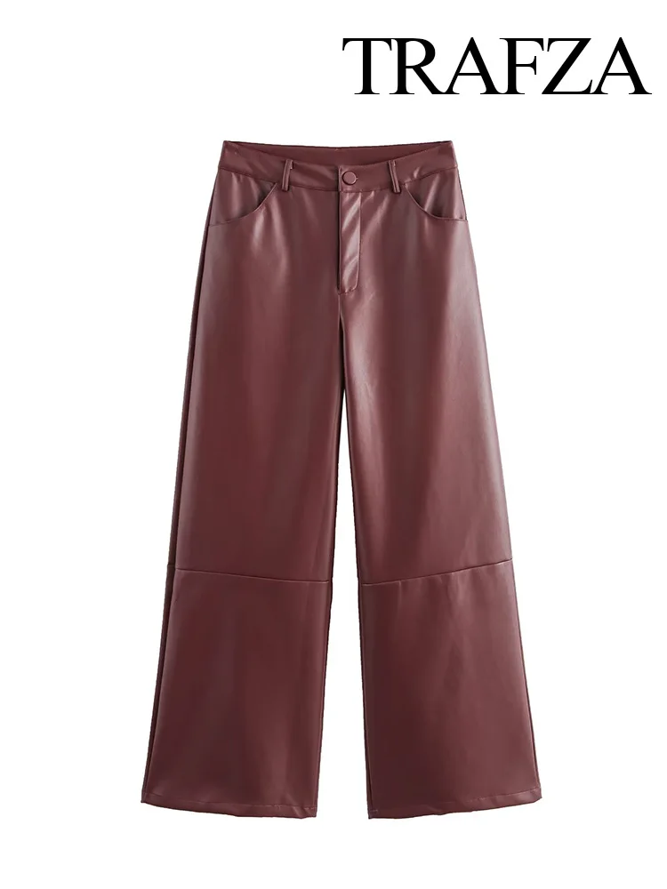 TRAFZA Women Fashion Versatile Solid Mid-Rise Leather Paneled Wide-leg Pants Female High Street Button Zipper Pocket Trousers