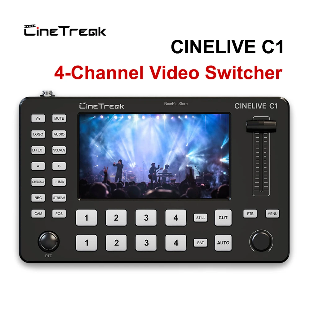 

Cinetreak CINELIVE C1 Video Switcher Panel 5 inch 4-Channel Multi Format Live Streaming Video Audio Mixer PTZ Camera Control