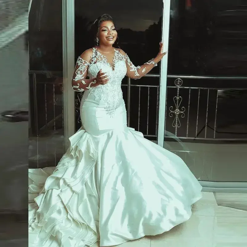 Suknie ślubne w stylu syreny plus size na zamówienie, koronkowe, zdobione koralikami, z długimi rękawami, arabskie, z prześwitującym dekoltem, falbanami, satynowe Vestido De Noiva