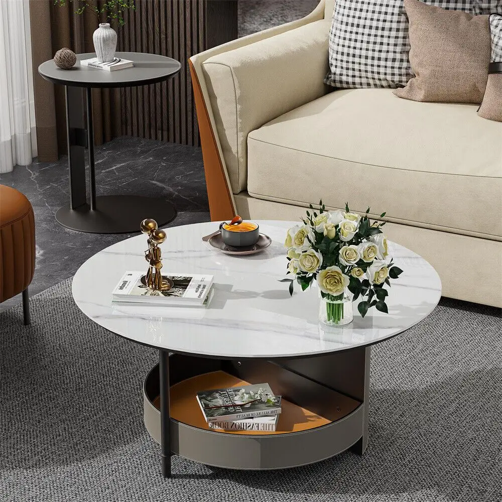 

2 Tier Round Coffee Table Leather Living Room Bedroom Accent Display Table