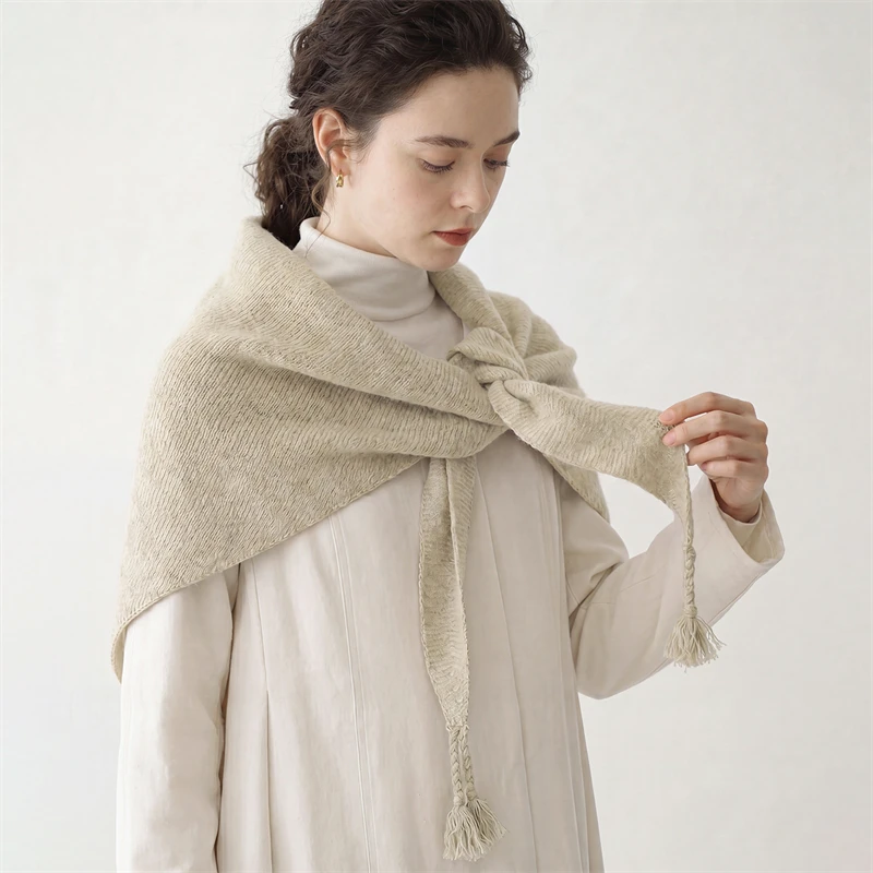 Autumn and winter 100%wool retro literary style handmade knitted triangle scarf women's tassel shawl temperament versatile scarf