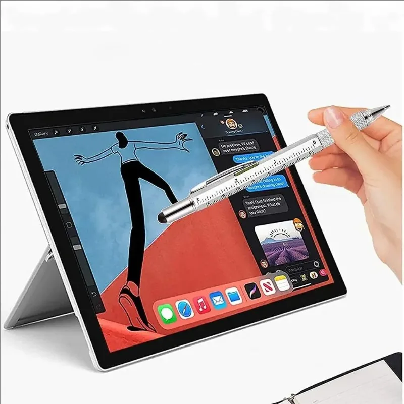 7 in 1 Multifunctional Pen Touch Screen Stylus Capacitive Pen with Screwdriver Ruler Levelgauge Refillable Ballpoint Pencil Tool